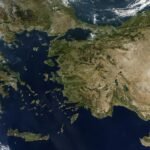 Δορυφορικός χάρτης Ελλάδας και Τουρκίας με το Αιγαίο Πέλαγος, για το άρθρο σχετικά με τη Γαλάζια Πατρίδα.